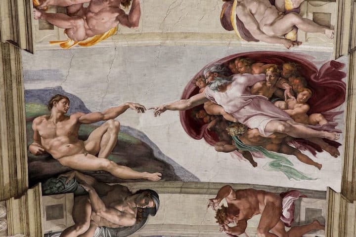 Michelangelo's Creation of Adam, as part of the Sister Chapel ceiling Mankind, both male and female, are created by God in His image and likeness.